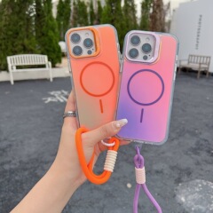 适用iPhone17PROMAX变色龙磁吸镜头支架带挂绳苹果16亮彩手机壳