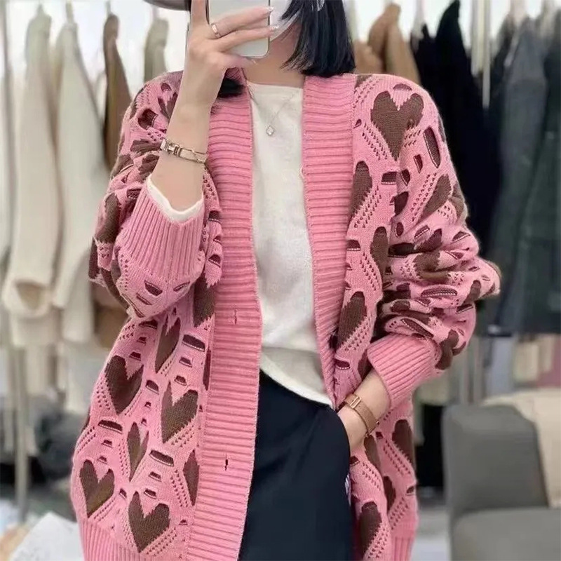 シングルブレストニットカーディガン、高級厚みのあるラブコントラストカラーセータージャケット、女性用秋冬ルーズレイジースタイルジャケット|undefined