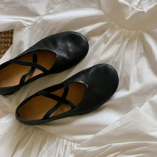 Vintage Summer and Autumn Round Toe Cross Strap Flat Ballet Shoes Vintage Black Single-layer Shoes Women's Shallow Mouth Mary Jane Small Leather Shoes
