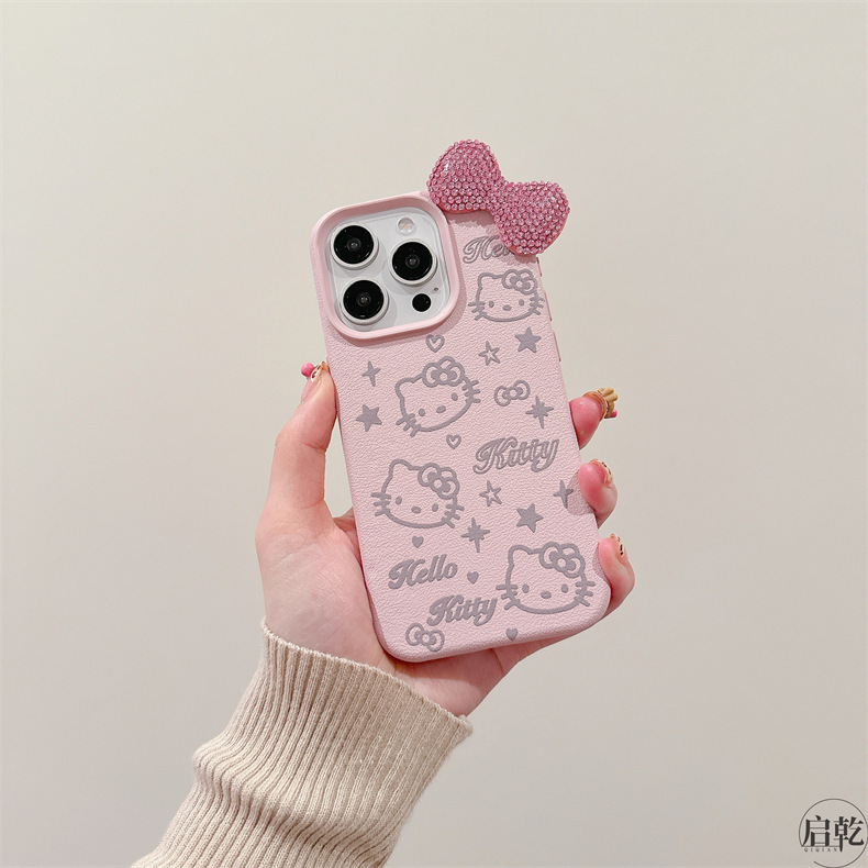 立体ピンクキラキラダイヤモンド入りハローキティiPhone16/15用スマホケース、Apple 14/13promax対応、レザー調17|undefined