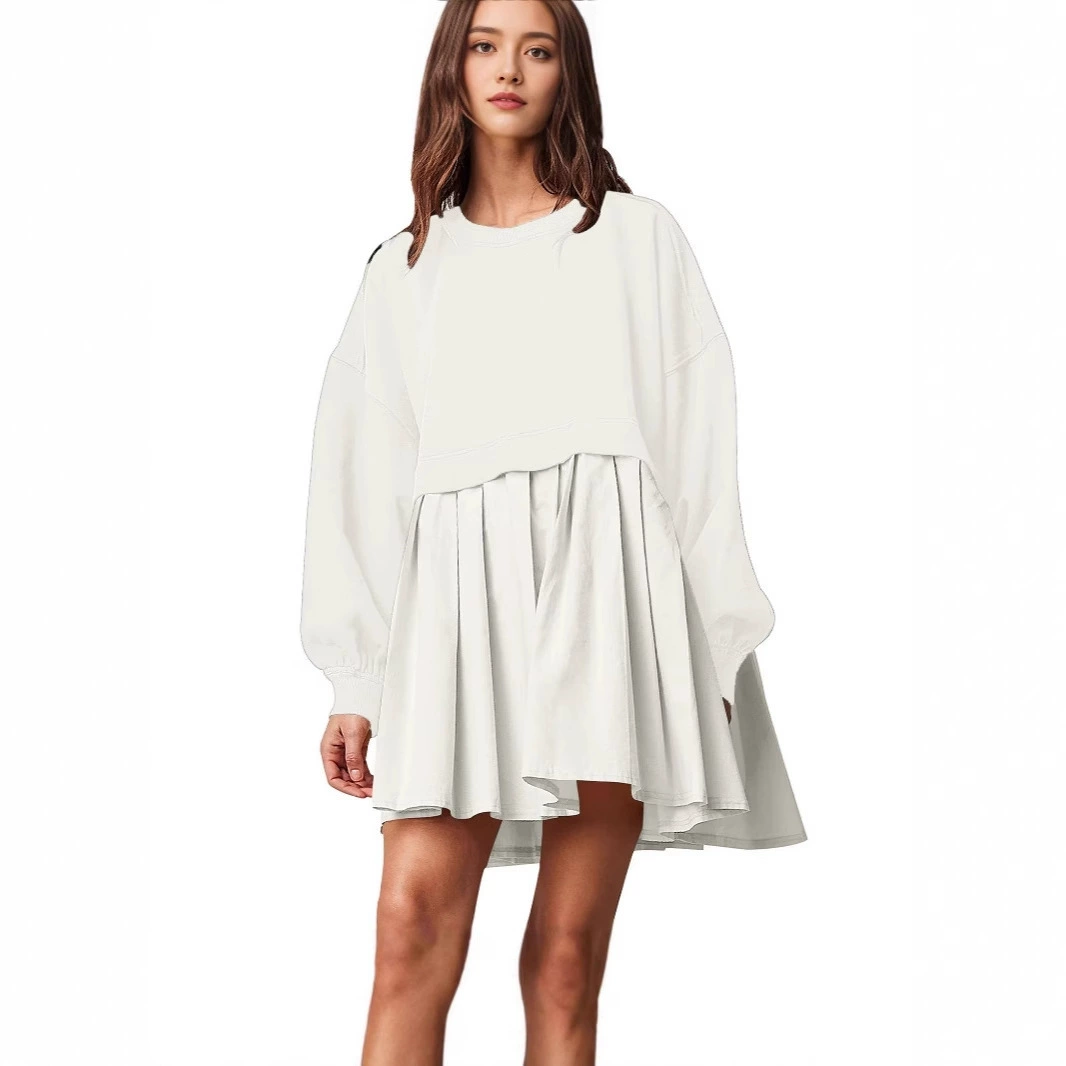 Новое женское платье-свитшот с длинными рукавами, свободного кроя, с цветными вставками и складками, осень-зима 2024, европейский и американский стиль (трансграничная коллекция)