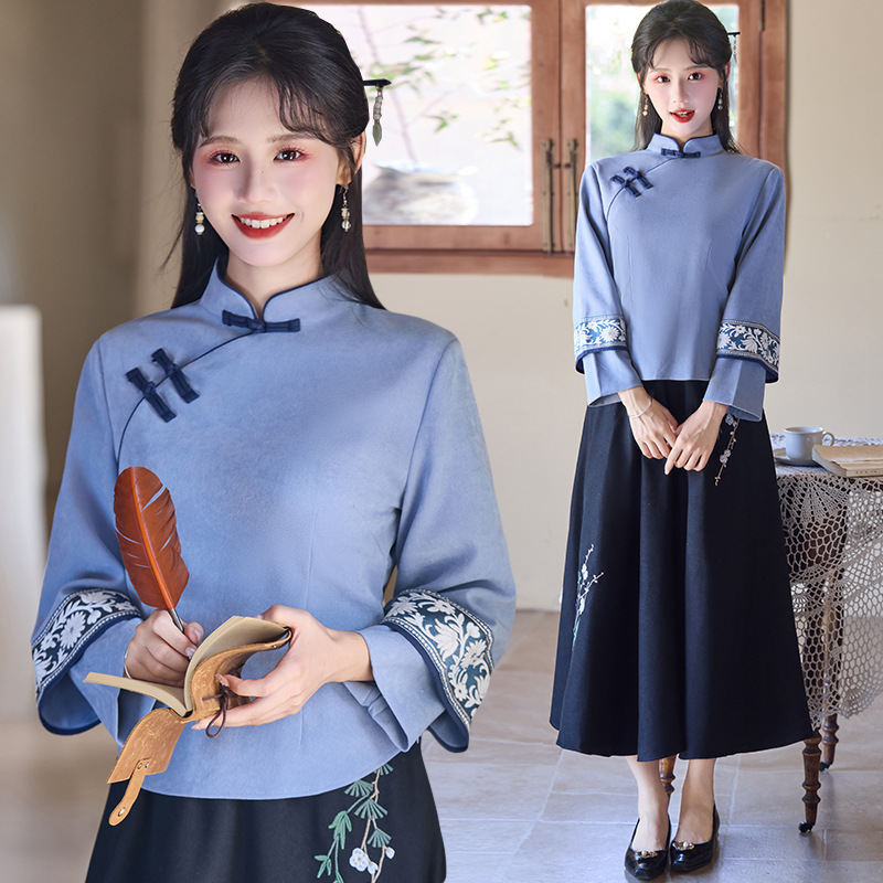 新中式民国套装少女年轻款气质国风旗袍上衣半身裙两件套秋冬茶服|undefined