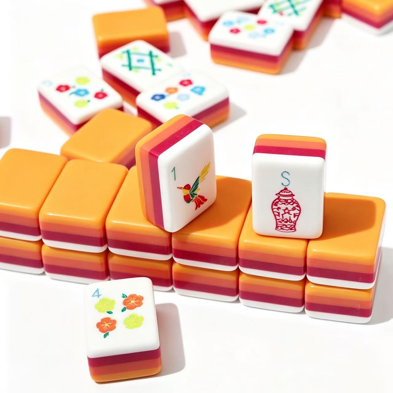 Cross-Border Acrylic Orange American Mahjong Four-Layer Color-Blocking Mini Portable Leisure Entertainment American Mahjong Tiles Wholesale