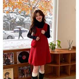冬季红色加厚毛呢背心连衣裙两件套休闲套装减龄显瘦气质花苞韩版