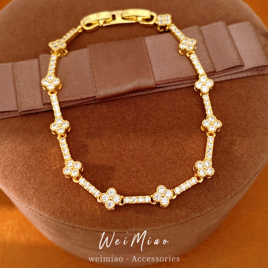 18 quilates de oro verdadero electronita de diamante de hierba de la suerte pulsera de flores ligera pulsera de nicho de lujo personalidad temperamento joyas de moda