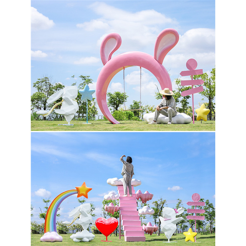 Outdoor Internet Celebrity Series Geometric Rabbit Cloud Rainbow Swing Fiberglass Sculpture Commercial Street Photo Frame Heart-Shaped Ornament Outdoor Internet Celebrity Series Geometric Rabbit Cloud Rainbow Swing Fiberglass Sculpture Commercial Street Photo Frame Heart-Shaped Ornament