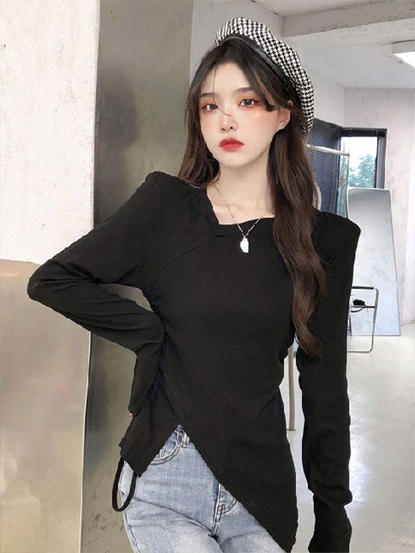 纯欲辣妹不规则抽绳长袖T恤女设计感小众修身打底衫内搭别致上衣|undefined