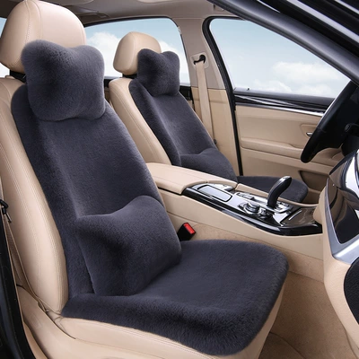 Rabbit Fur Car Seat Cushions, Winter Seat cushion, seat cover - dark-grey-single-seat-x-1-backrest-x-1-neck-pillow-x-1-lumbar-pillow-x-1-thick-plush
