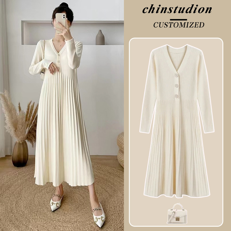 High quality cored yarn maternity clothes new autumn loose belly covering age reducing long over-the-knee fashion pleated dress