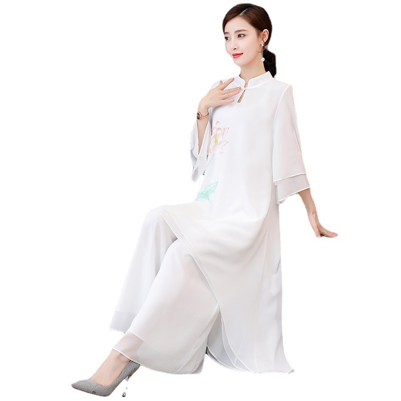秋夏装禅意打坐舞蹈演出茶服中国风连衣裙改良中式套装汉服两件套|undefined