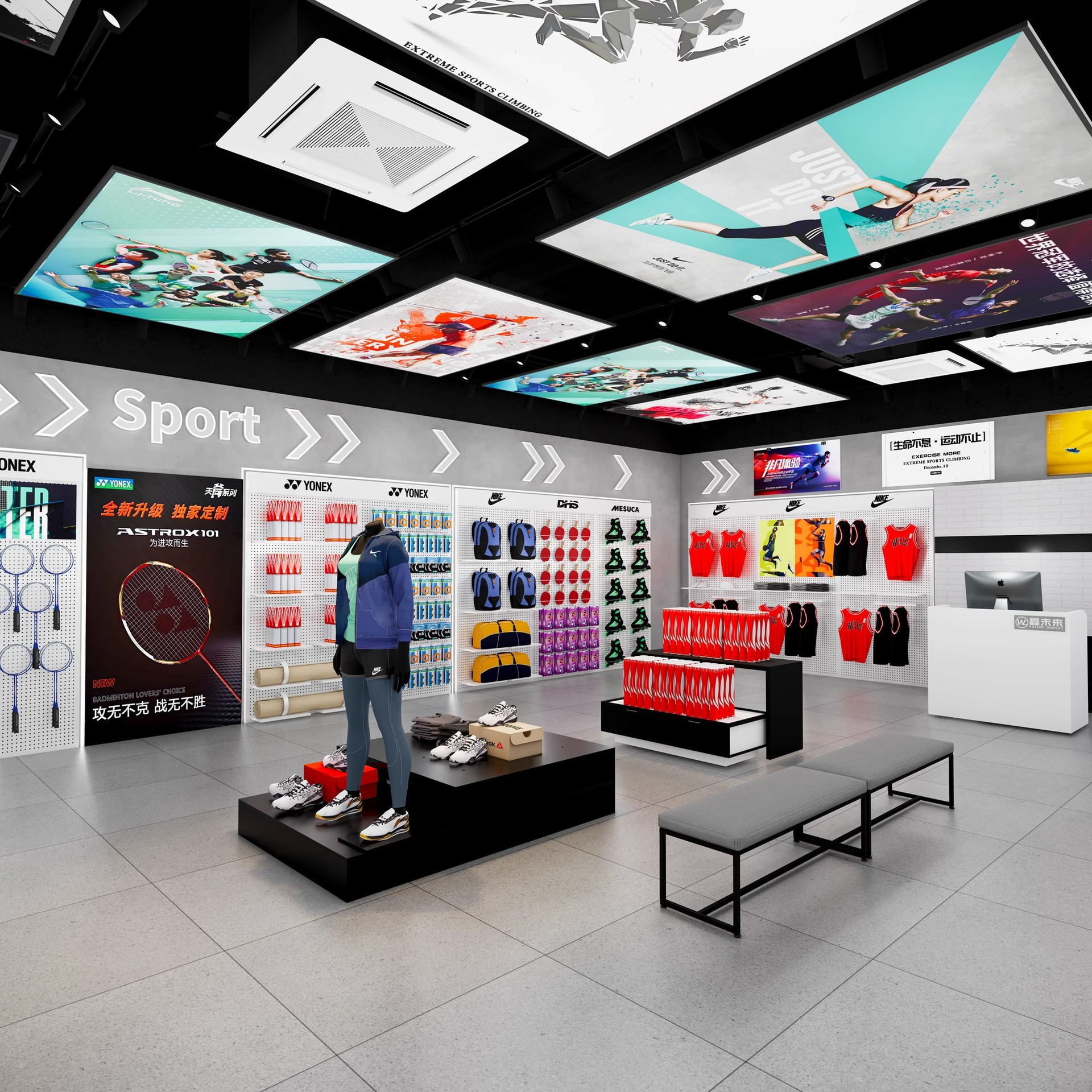 Estante deportivo transfronterizo estante de exhibición de tienda de ropa personalizada estante de exhibición de pared tipo piso para estante especial de artículos deportivos