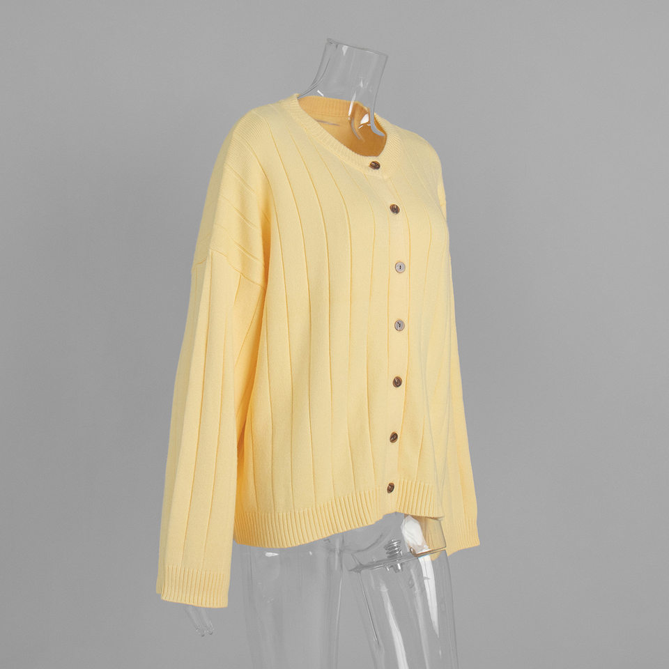 Áo cardigan len dệt kim cổ tròn dáng rộng tay dài nữ — màu vàng, màu xám nhạt chi tiết 4