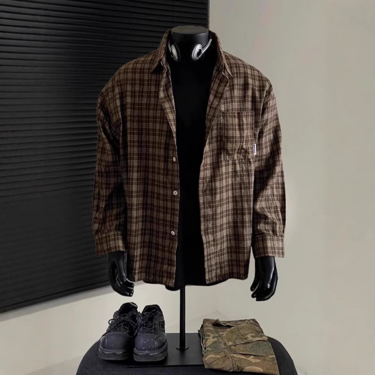 American Style Retro Brown Plaid Shirt Men's Spring and Autumn Maillard Wear Cotton Sanding Long Sleeve Shirt Inner Jacket