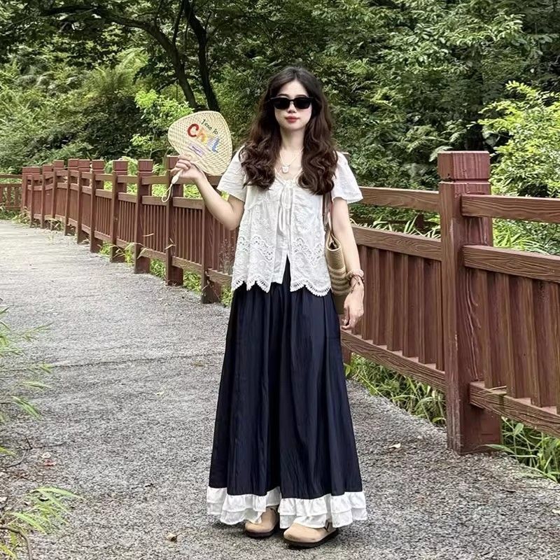 大码胖mm巨好看的夏装一整套气质镂空衬衫阔腿裤遮肉显瘦两件套女|undefined