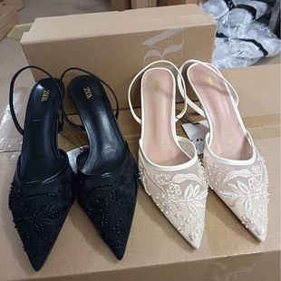 Za Spain 8326 Model Foreign Trade Mesh National Style High Heels Pearl High-Grade Hemp Gray Shallow Mouth Women's Shoes
