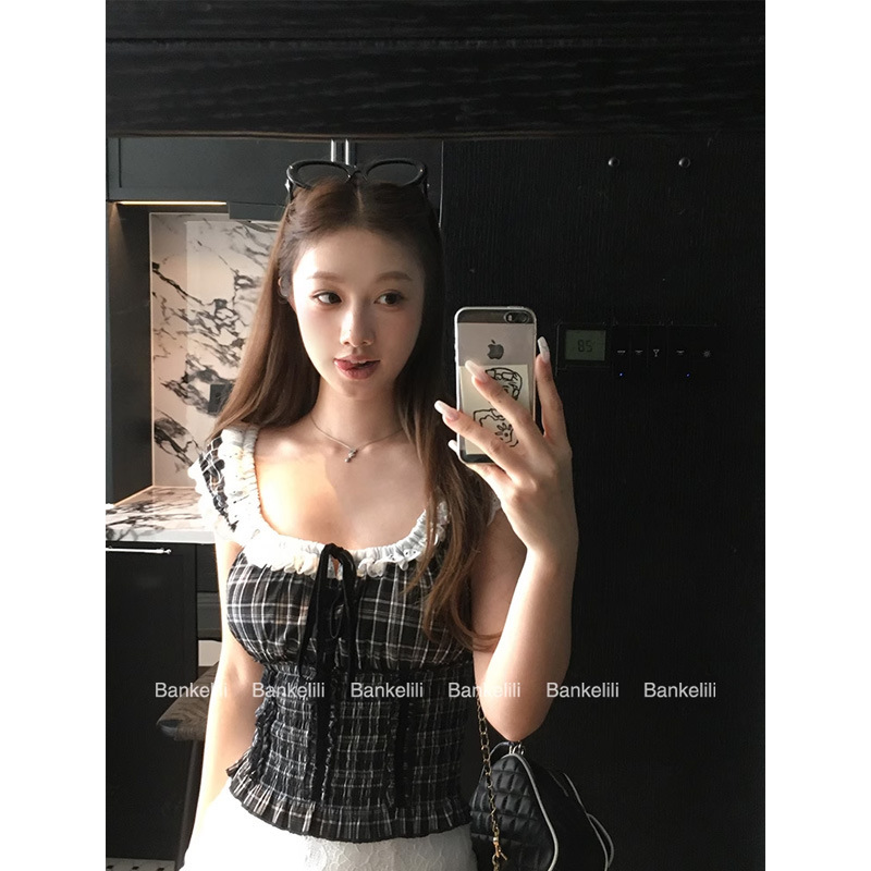 Chestnut Cocoa Bankelili'Old Love Words' Velvet Lace Plaid Sleeveless Shirt for Women Chestnut Cocoa Bankelili'Old Love Words' Velvet Lace Plaid Sleeveless Shirt for Women