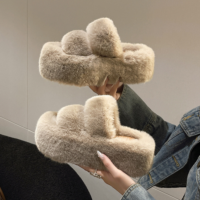 Foreign Trade 7cm Thick-Soled Furry Slippers for Women for Autumn and Winter Outer Wear 2025 New Flats-Soled One-Word Warm Cotton Slippers