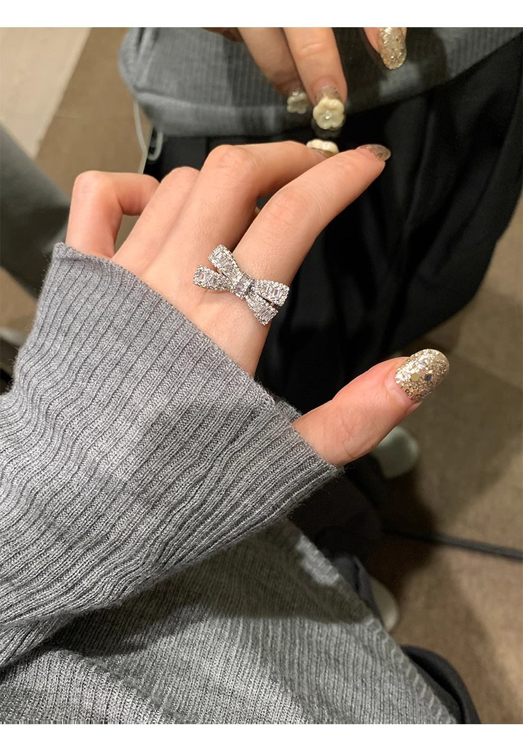 Sterling Silver Bowknot Zircon Ring For Women Adjustable Designer_voghion.com