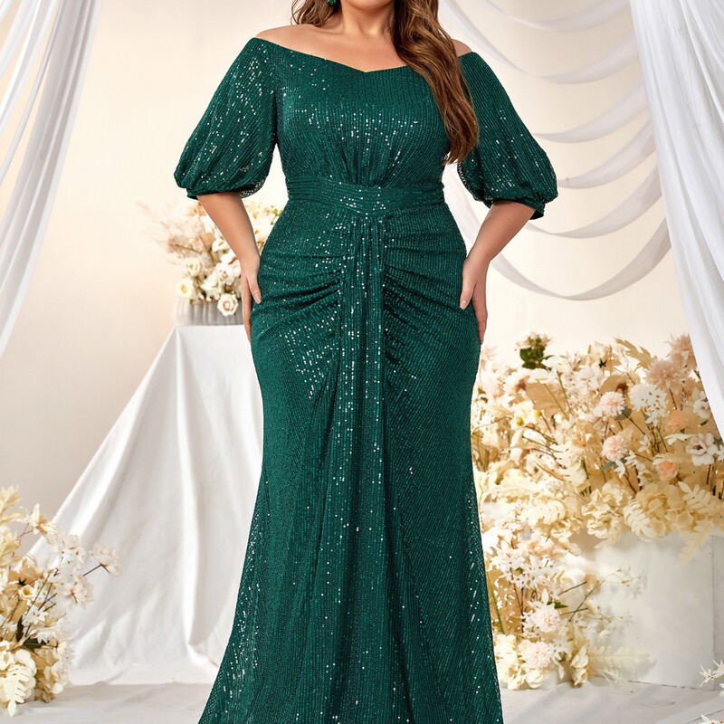 European and American plus size Dress Sequins off-shoulder off-shoulder mid-sleeve ball evening dress Elegant fishtail dress Cross-border hot