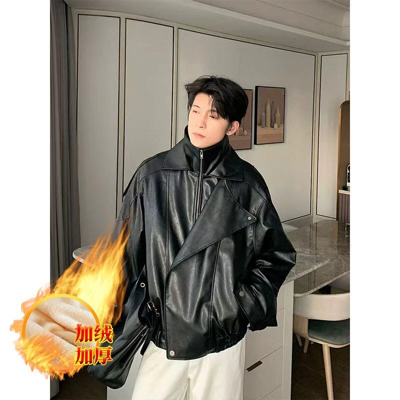 Black Leather Jacket for Men, American High Street Style, Cool and Stylish, Irregular Pu Leather Clothing, Spring and Autumn Motorcycle Fashion Brand Retro Jacket