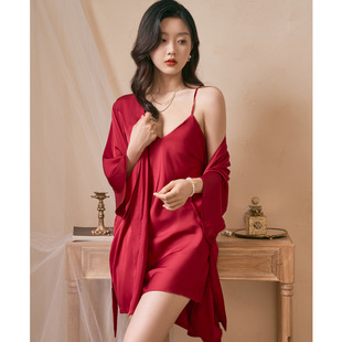 Silk Pajamas with Chest Pad Cross-border Spring and Autumn Women's Sling Nightgown Summer Sexy Home Clothes Two-piece Suit