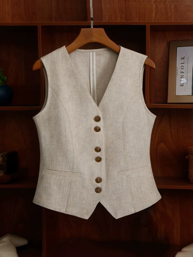 Shanlida Di High-End Linen Vest for Women, Thin Summer Sleeveless Waistcoat, Linen Suit Vest