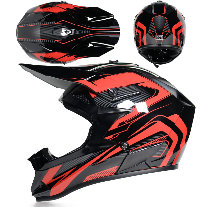 Off-road Motorcycle: Motuoche Motosiklet kaskı (dəbilqə) - gloss-black-line-red-goggles-gloves-mask-s