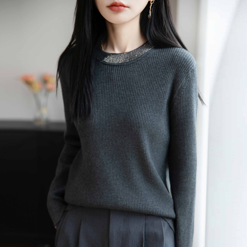 秋冬新款女羊毛衫圆领打底衫烫钻内搭毛衣上衣长袖修身百搭针织衫|undefined