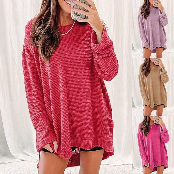 2025 European and American Amazon Cross-Border Elegant Fashion Pure Color Waffle Loose Round Neck Long-Sleeved Slit Top Women's Clothing