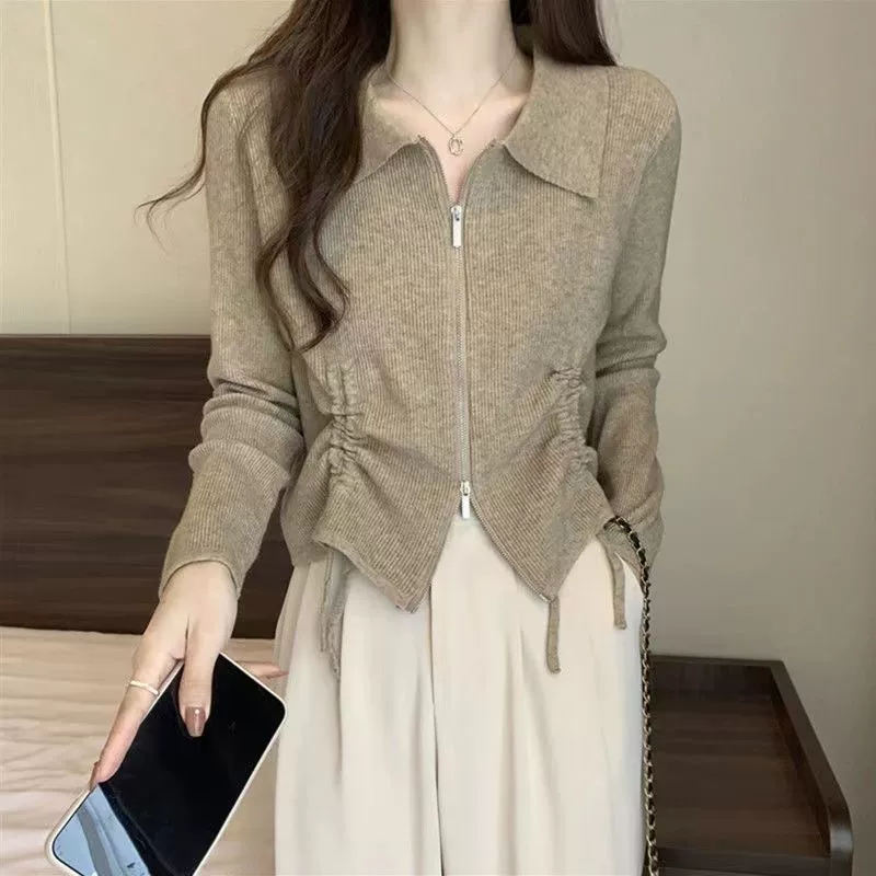 Женский вязаный Топ с длинным рукавом больших размеров, покрывающий живот, на шнурке, с воротником-поло, Женская весенне-осенняя новая Базовая рубашка на молнии