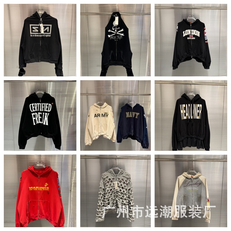 Cross-border Grailz co-branded vintage slogan print zip-up hoodie for men and women, loose oversized jacket Cross-border Grailz co-branded vintage slogan print zip-up hoodie for men and women, loose oversized jacket