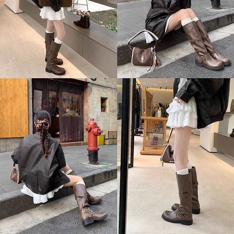 牛皮版~沙丘美学加绒复古双扣2025新款中高筒西部长靴女骑士靴冬|undefined