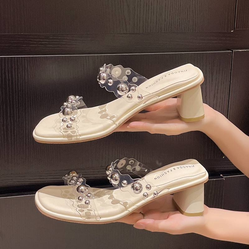 Fairy-Style Rhinestone Slippers for Women, Summer Outdoor Wear, Fashionable and High-End, Transparent One-Strap Casual Fashion Thin-Heeled Sandals