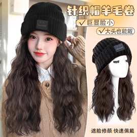 假发帽子一体女秋冬新款时尚发毛线针织帽羊毛卷长发假发头套