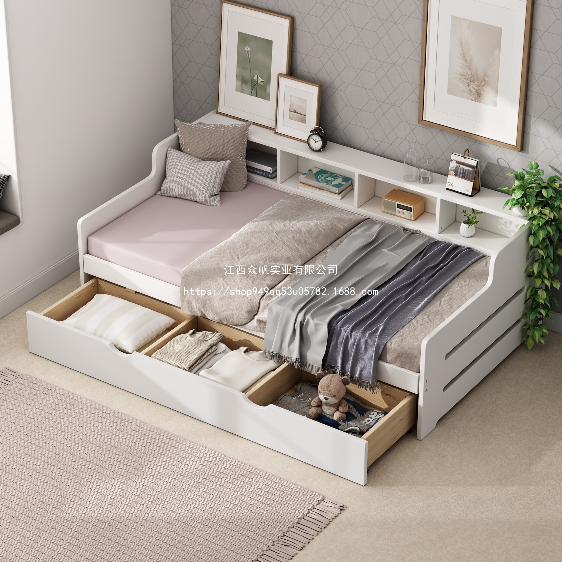Factory Wooden Sofa Bed with 3 Storage Drawer Boxes, Can Be Used in Bedroom Living Room White Gray