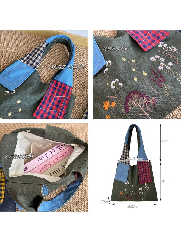 レトロドライフラワー刺繍デニムバッグフォレストスタイル大容量ショルダーバッグスプライシングデザイン通勤バッグ女性の秋冬新スタイル|undefined