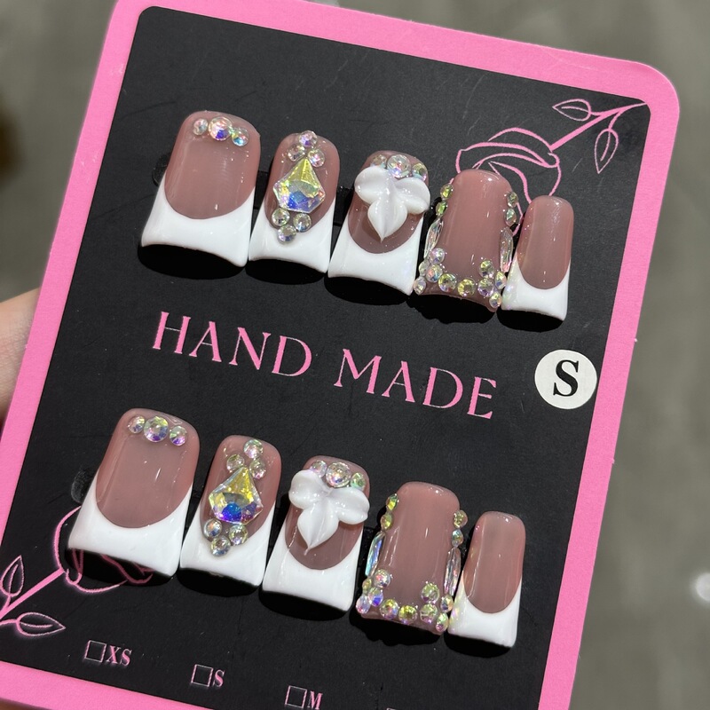 Foreign Trade European and American Style Cross-Border Sweet and Cool Duckbill Nails French 3D Hand-Carved Sparkling Pure Handmade Wearable Nails