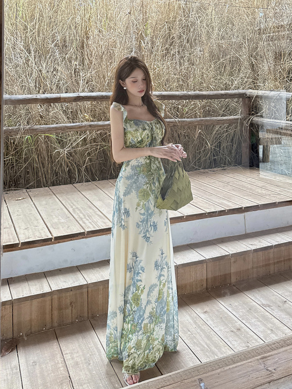 伊莉雅莫奈绿色花园荷叶边收腰连衣裙女 夏季气质优雅长裙JY25405|undefined