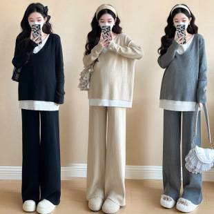 Pregnant Women's Spring Fashionable New Korean-style Fake Two-piece Stitching Knitted Lazy Elegant Loose Wide-leg Pants Two-piece Set