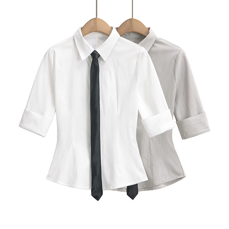 Academy-Style Lapel Single-Breasted Mid-Sleeve Shirt for Women with Tie, Slim Fit, Cinched Waist, Curved Hem Cardigan Top Academy-Style Lapel Single-Breasted Mid-Sleeve Shirt for Women with Tie, Slim Fit, Cinched Waist, Curved Hem Cardigan Top