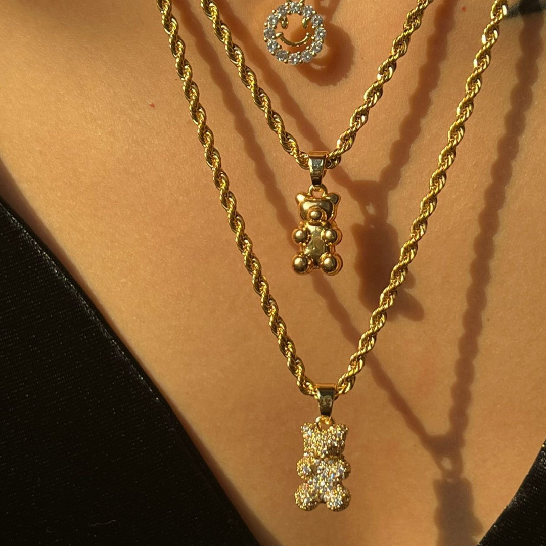 Pendant Necklace Classification Wholesale Jewelry Casual Little Bear 304 Stainless Steel Rhinestones Animal Diamond Hemp Flowers Chain Pendant Necklace