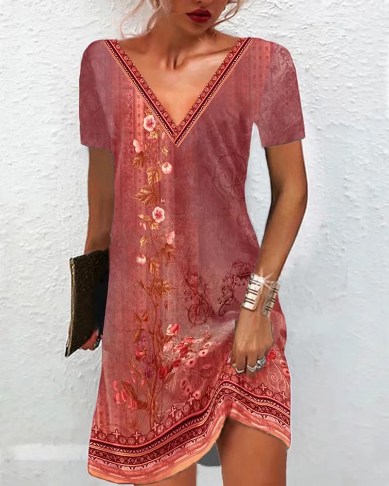Regular Sleeve Sleeve Type Polyester Fabric Type Street Occasion U Neck Neckline Ditsy Floral Pattern Wholesale Women'S Vintage Style Printing Ditsy Floral Street U Neck Short Sleeve Pencil Skirt
