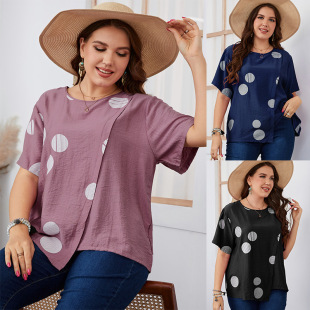 European and American Export Plus Size Women's Round Neck Loose Polka Dot Short-Sleeved T-Shirt 2023 Summer Fat mm Japanese and Korean Casual Style