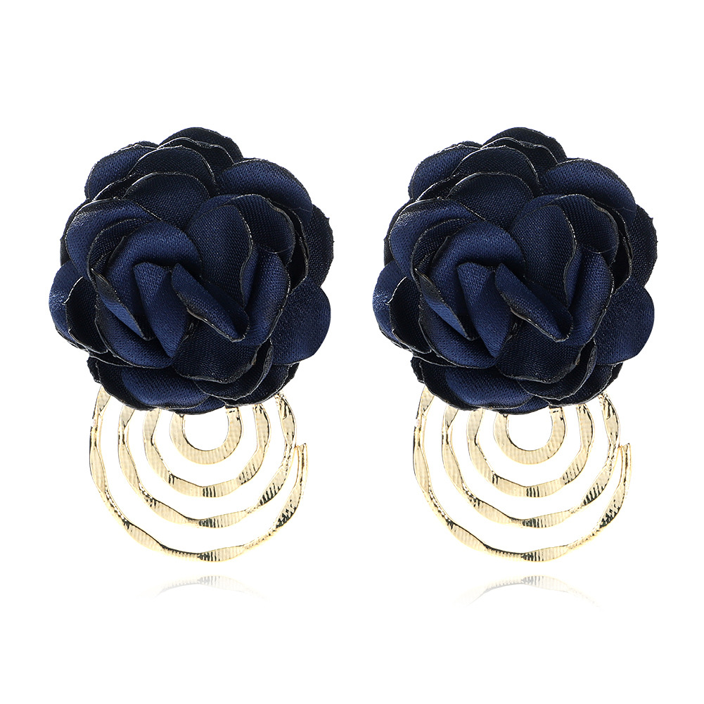 Korea Fabric Flower Earrings Autumn New Retro Multilayer Spiral Metal Pendant Rose Earrings