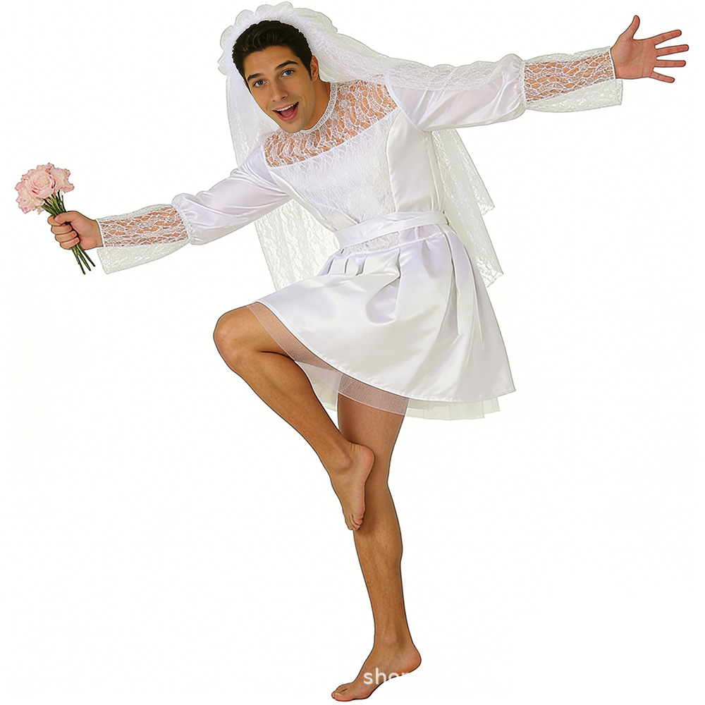 Halloween Male Bride Cosplay Costume Masquerade Party Wedding Bride Dress Funny White Game Costume