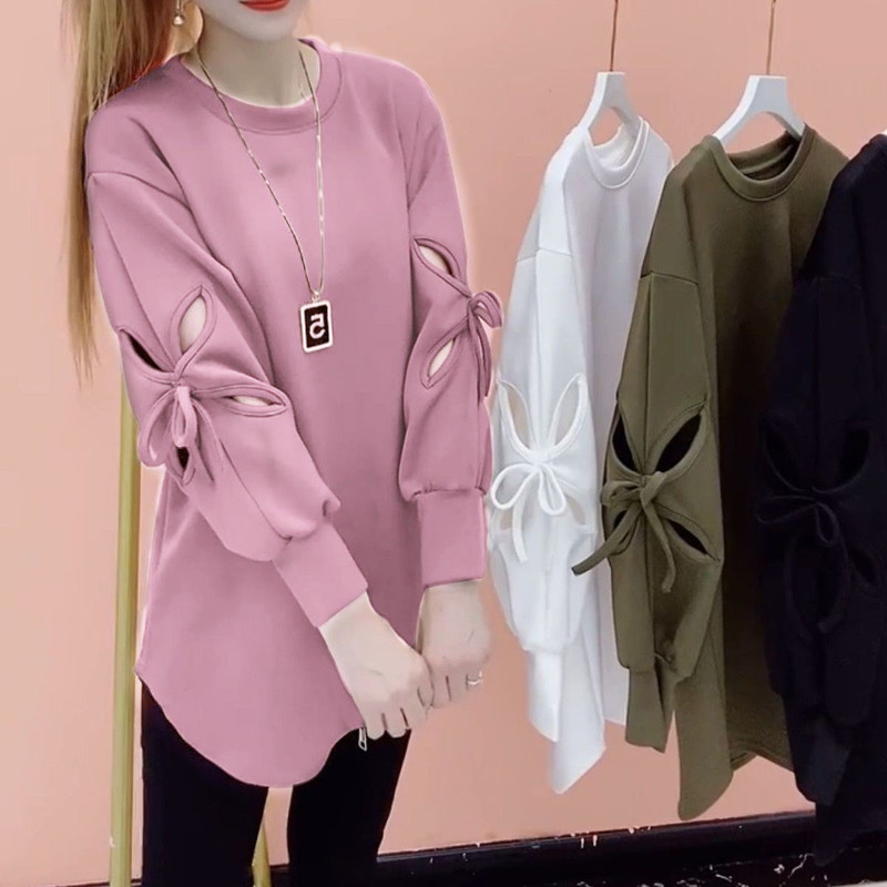 Thin Round Neck Casual T-Shirt for Women 2025 Autum New Mid-Length Bow Sleeve European and American Korean Style Loose Top Thin Round Neck Casual T-Shirt for Women 2025 Autum New Mid-Length Bow Sleeve European and American Korean Style Loose Top