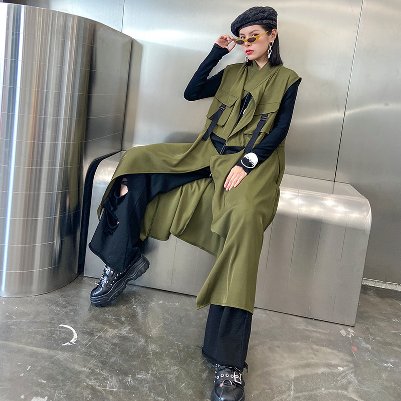 Estilo coreano traje suelto collar sin mangas Chaleco de primavera y otoño de las mujeres delgada cintura apretada diseño sentido nicho estilo occidental cardigan vestido
