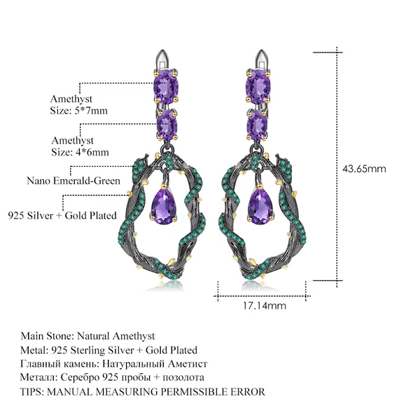 Italian craft designer natural amethyst earrings natural wind vine design 925 silver earrings earrings