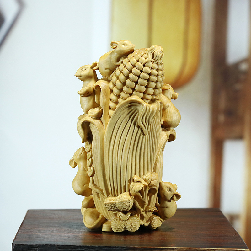 Boxwood Carved Chinese Style Home/Office Decorative Ornament: Five Rats Bringing Wealth (Wooden Zodiac Rat Handheld Piece for Living Room)