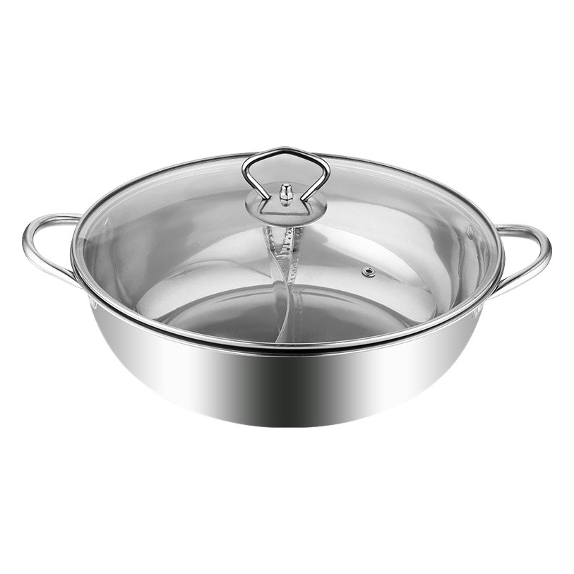 Acero inoxidable Pato Mandarín olla caliente hogar comercial engrosada olla pequeña olla caliente con tapa clara olla de sopa dos sabores separados al por mayor
